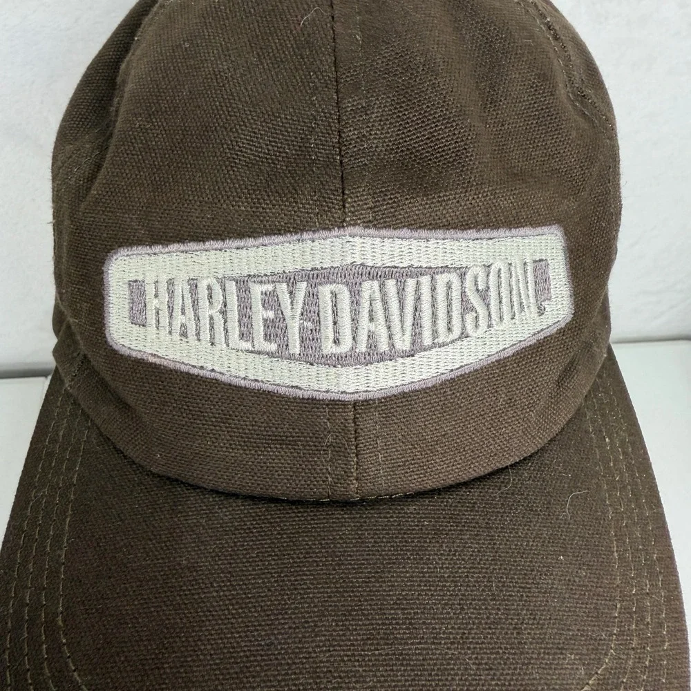 Harley Davidson Hat Dad Cap Brown Canvas Leather Strapback Embroidered Biker
